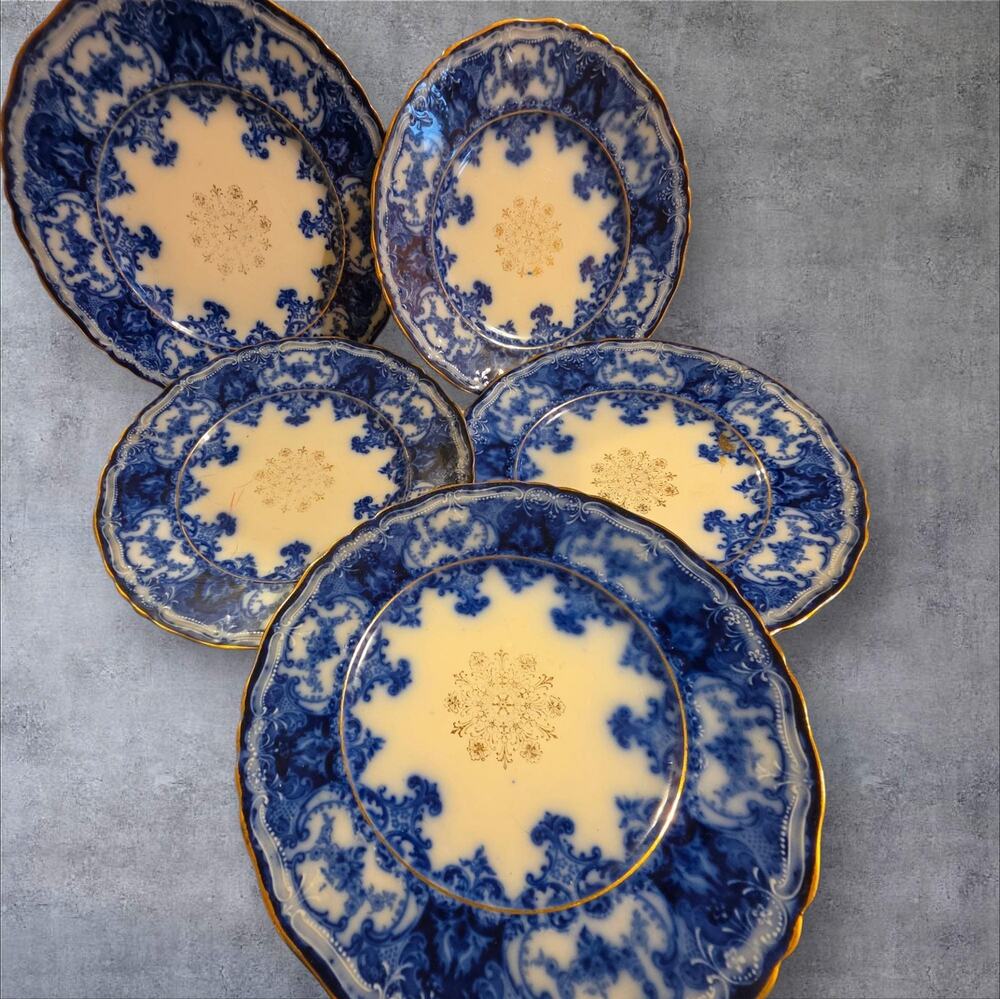 Antique Flow Blue Plates Set of 5 John Maddock Dainty 9" Dinner England
